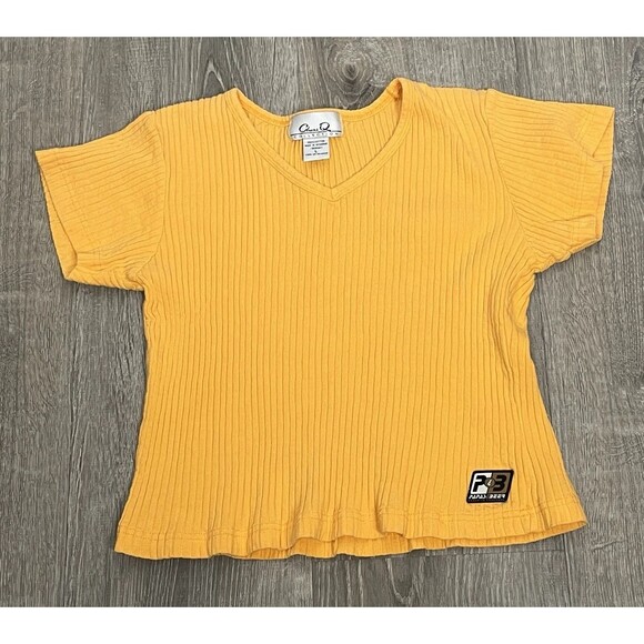 Papas & Beer Crop Top L 90s V-Neck Ribbed T-Shirt Baja Mexico Bar Logo Tee VTG - Picture 3 of 7